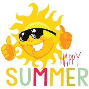 image of a sun smiling with the words happy summer