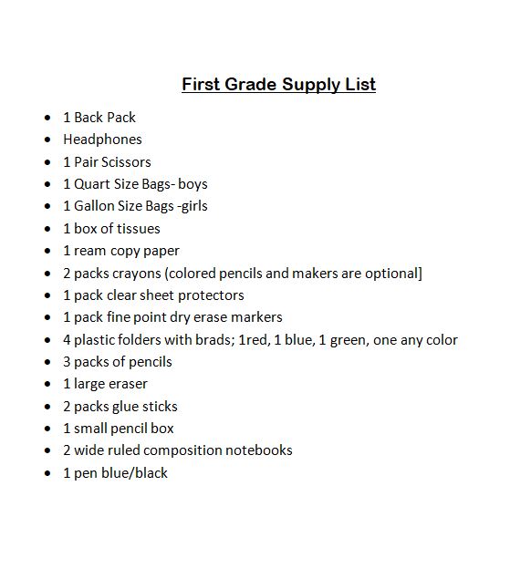 image of first grade supply list