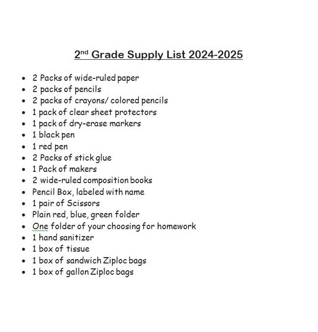 image of second grade supply list