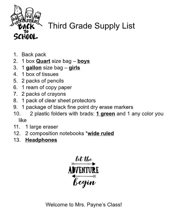 image of third grade supply list