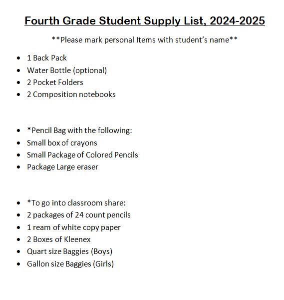 Image of fourth grade supply list