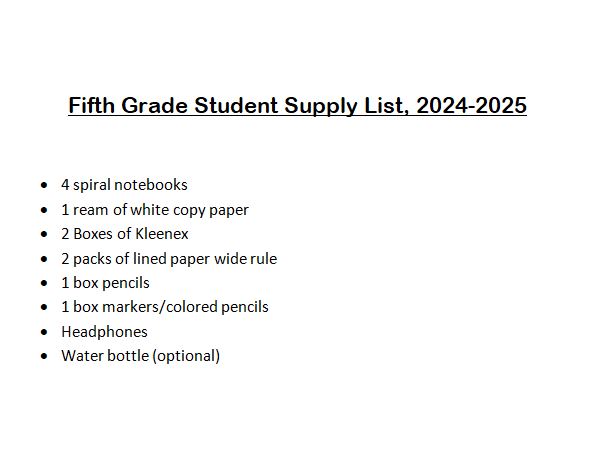 image of fifth grade supply list