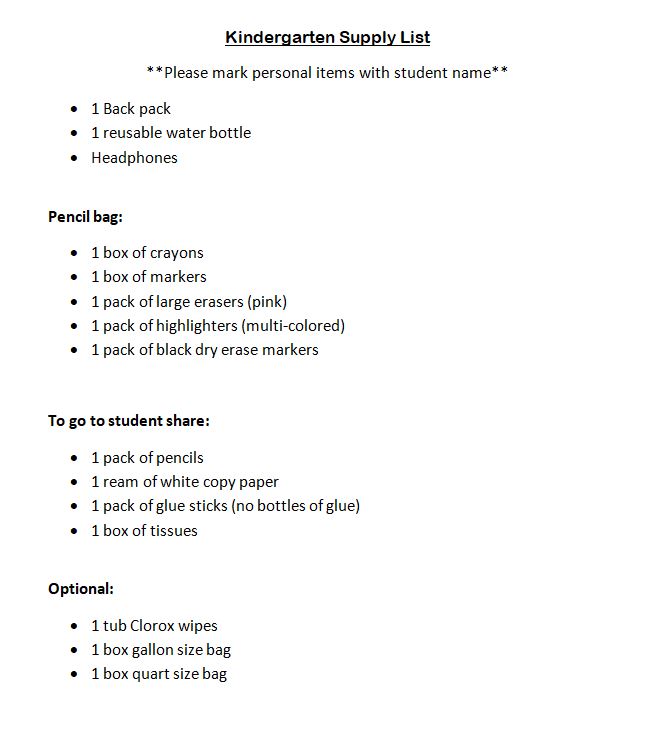 image of kindergarten supply list