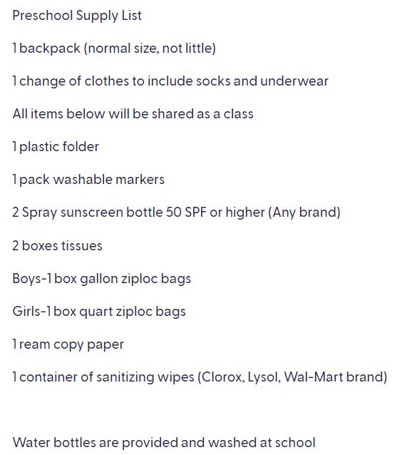 image of preschool supply list