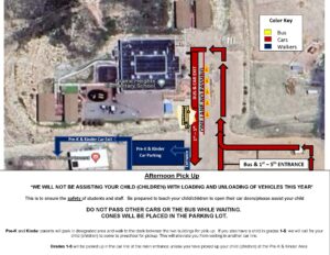 Arial photo of school with traffic flow directions